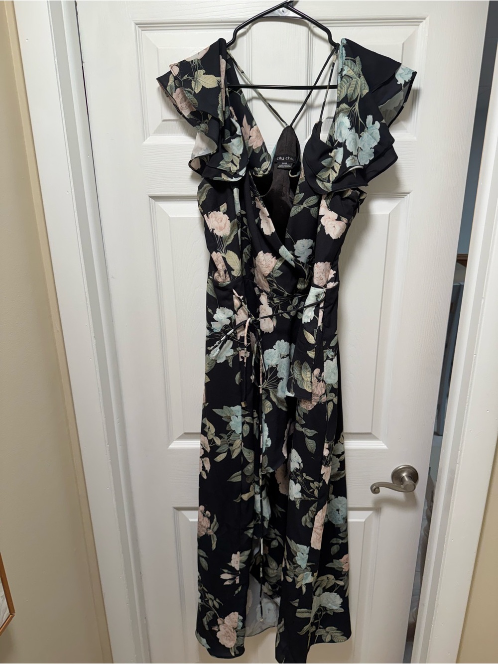 City Chic Black Maxi Dress with Pink and Sage Floral Accents